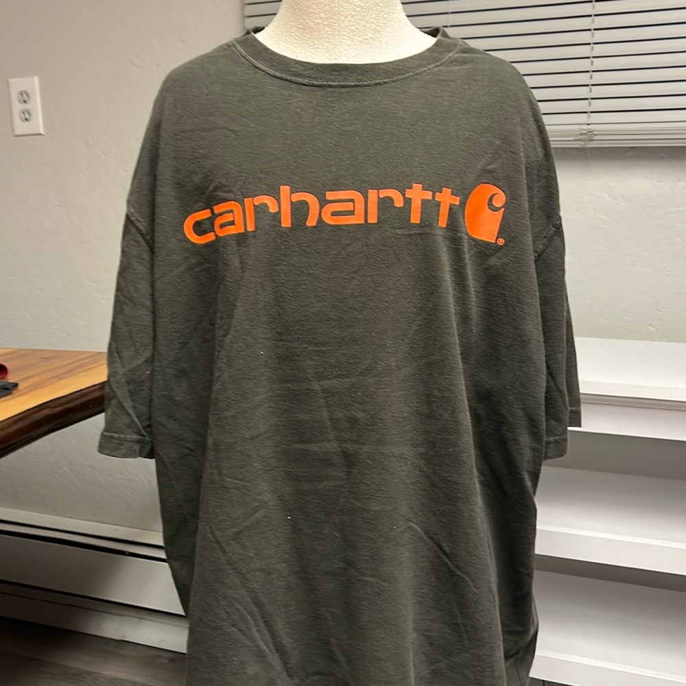 Carhartt Olive Green Short Sleeve Tee with Orange Logo